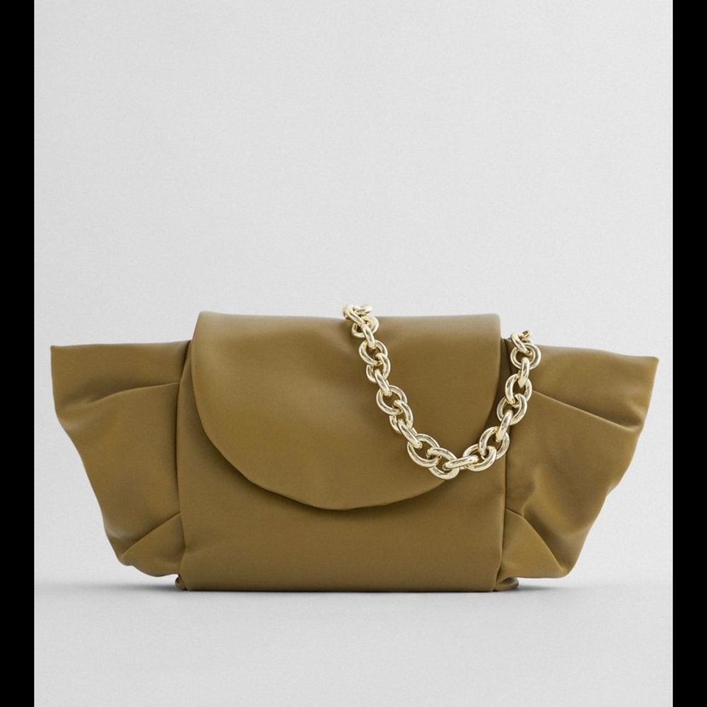Zara LEATHER chain pleated lined clutch!